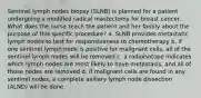 Sentinel lymph nodes biopsy (SLNB) is planned for a patient undergoing a modified radical mastectomy for breast cancer. What does the nurse teach the patient and her family about the purpose of this specific procedure? a. SLNB provides metastatic lymph nodes to test for responsiveness to chemotherapy b. if one sentinel lymph node is positive for malignant cells, all of the sentinel lymph nodes will be removed c. a radioisotope indicates which lymph nodes are most likely to have metastasis, and all of those nodes are removed d. if malignant cells are found in any sentinel nodes, a complete axillary lymph node dissection (ALND) will be done