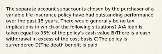 The separate account subaccounts chosen by the purchaser of a variable life insurance policy have had outstanding performance over the past 15 years. There would generally be no tax implications in which of the following situations? A)A loan is taken equal to 95% of the policy's cash value B)There is a cash withdrawal in excess of the cost basis C)The policy is surrendered D)The death benefit is paid