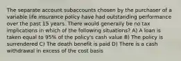 The separate account subaccounts chosen by the purchaser of a variable life insurance policy have had outstanding performance over the past 15 years. There would generally be no tax implications in which of the following situations? A) A loan is taken equal to 95% of the policy's cash value B) The policy is surrendered C) The death benefit is paid D) There is a cash withdrawal in excess of the cost basis