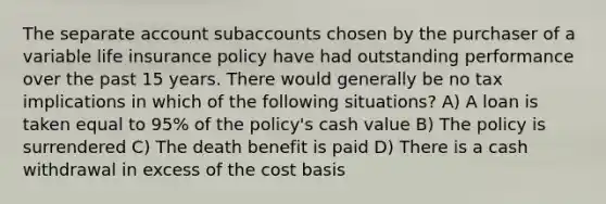 The separate account subaccounts chosen by the purchaser of a variable life insurance policy have had outstanding performance over the past 15 years. There would generally be no tax implications in which of the following situations? A) A loan is taken equal to 95% of the policy's cash value B) The policy is surrendered C) The death benefit is paid D) There is a cash withdrawal in excess of the cost basis