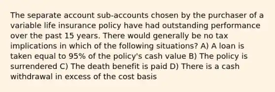 The separate account sub-accounts chosen by the purchaser of a variable life insurance policy have had outstanding performance over the past 15 years. There would generally be no tax implications in which of the following situations? A) A loan is taken equal to 95% of the policy's cash value B) The policy is surrendered C) The death benefit is paid D) There is a cash withdrawal in excess of the cost basis