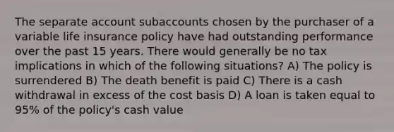 The separate account subaccounts chosen by the purchaser of a variable life insurance policy have had outstanding performance over the past 15 years. There would generally be no tax implications in which of the following situations? A) The policy is surrendered B) The death benefit is paid C) There is a cash withdrawal in excess of the cost basis D) A loan is taken equal to 95% of the policy's cash value