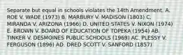 Separate but equal in schools violates the 14th Amendment. A. ROE V. WADE (1973) B. MARBURY V. MADISON (1803) C. MIRANDA V. ARIZONA (1966) D. UNITED STATES V. NIXON (1974) E. BROWN V. BOARD OF EDUCATION OF TOPEKA (1954) AB. TINKER V. DESMOINES PUBLIC SCHOOLS (1969) AC. PLESSY V. FERGUSON (1896) AD. DRED SCOTT V. SANFORD (1857)