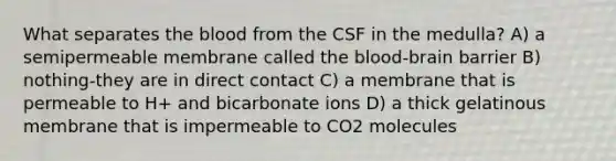 What separates the blood from the CSF in the medulla? A) a semipermeable membrane called the blood-brain barrier B) nothing-they are in direct contact C) a membrane that is permeable to H+ and bicarbonate ions D) a thick gelatinous membrane that is impermeable to CO2 molecules