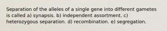 Separation of the alleles of a single gene into different gametes is called a) synapsis. b) independent assortment. c) heterozygous separation. d) recombination. e) segregation.