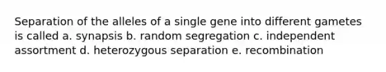 Separation of the alleles of a single gene into different gametes is called a. synapsis b. random segregation c. independent assortment d. heterozygous separation e. recombination