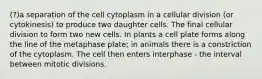 (?)a separation of the cell cytoplasm in a cellular division (or cytokinesis) to produce two daughter cells. The final cellular division to form two new cells. In plants a cell plate forms along the line of the metaphase plate; in animals there is a constriction of the cytoplasm. The cell then enters interphase - the interval between mitotic divisions.