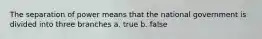 The separation of power means that the national government is divided into three branches a. true b. false