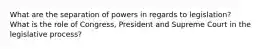 What are the separation of powers in regards to legislation? What is the role of Congress, President and Supreme Court in the legislative process?