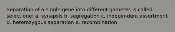 Separation of a single gene into different gametes is called select one: a. synapsis b. segregation c. independent assortment d. heterozygous separation e. recombination