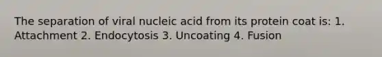 The separation of viral nucleic acid from its protein coat is: 1. Attachment 2. Endocytosis 3. Uncoating 4. Fusion