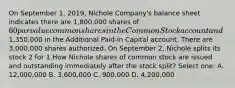 On September 1, 2019, Nichole Company's balance sheet indicates there are 1,800,000 shares of 60 par value common shares in the Common Stock account and1,350,000 in the Additional Paid-in Capital account. There are 3,000,000 shares authorized. On September 2, Nichole splits its stock 2 for 1.How Nichole shares of common stock are issued and outstanding immediately after the stock split? Select one: A. 12,000,000 B. 3,600,000 C. 900,000 D. 4,200,000