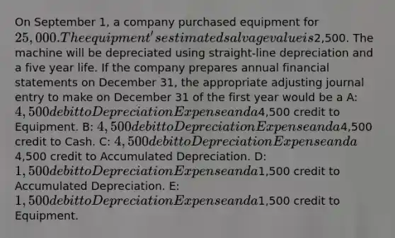 On September 1, a company purchased equipment for 25,000. The equipment's estimated salvage value is2,500. The machine will be depreciated using straight-line depreciation and a five year life. If the company prepares annual financial statements on December 31, the appropriate adjusting journal entry to make on December 31 of the first year would be a A: 4,500 debit to Depreciation Expense and a4,500 credit to Equipment. B: 4,500 debit to Depreciation Expense and a4,500 credit to Cash. C: 4,500 debit to Depreciation Expense and a4,500 credit to Accumulated Depreciation. D: 1,500 debit to Depreciation Expense and a1,500 credit to Accumulated Depreciation. E: 1,500 debit to Depreciation Expense and a1,500 credit to Equipment.