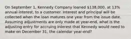 On September 1, Kennedy Company loaned 138,000, at 13% annual interest, to a customer. Interest and principal will be collected when the loan matures one year from the issue date. Assuming adjustments are only made at year-end, what is the adjusting entry for accruing interest that Kennedy would need to make on December 31, the calendar year-end?