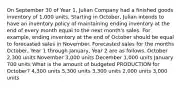 On September 30 of Year 1, Julian Company had a finished goods inventory of 1,000 units. Starting in October, Julian intends to have an inventory policy of maintaining ending inventory at the end of every month equal to the next month's sales. For example, ending inventory at the end of October should be equal to forecasted sales in November. Forecasted sales for the months October, Year 1 through January, Year 2 are as follows. October 2,300 units November 3,000 units December 1,000 units January 700 units What is the amount of budgeted PRODUCTION for October? 4,300 units 5,300 units 3,300 units 2,000 units 3,000 units