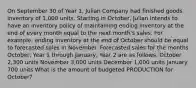 On September 30 of Year 1, Julian Company had finished goods inventory of 1,000 units. Starting in October, Julian intends to have an inventory policy of maintaining ending inventory at the end of every month equal to the next month's sales. For example, ending inventory at the end of October should be equal to forecasted sales in November. Forecasted sales for the months October, Year 1 through January, Year 2 are as follows. October 2,300 units November 3,000 units December 1,000 units January 700 units What is the amount of budgeted PRODUCTION for October?