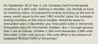 On September 30 of Year 1, Lily Company had finished goods inventory of 1,000 units. Starting in October, Lily intends to have an inventory policy of maintaining ending inventory at the end of every month equal to the next TWO months' sales. For example, ending inventory at the end of October should be equal to forecasted sales in November plus forecasted sales in December. Forecasted sales for the months October, Year 1 through January, Year 2 are as follows. October 2,300 units November 3,000 units December 1,000 units January 700 units What is the amount of budgeted PRODUCTION for November?