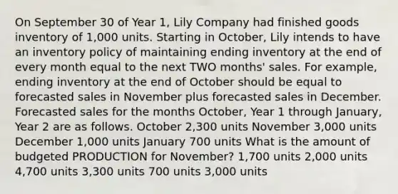 On September 30 of Year 1, Lily Company had finished goods inventory of 1,000 units. Starting in October, Lily intends to have an inventory policy of maintaining ending inventory at the end of every month equal to the next TWO months' sales. For example, ending inventory at the end of October should be equal to forecasted sales in November plus forecasted sales in December. Forecasted sales for the months October, Year 1 through January, Year 2 are as follows. October 2,300 units November 3,000 units December 1,000 units January 700 units What is the amount of budgeted PRODUCTION for November? 1,700 units 2,000 units 4,700 units 3,300 units 700 units 3,000 units