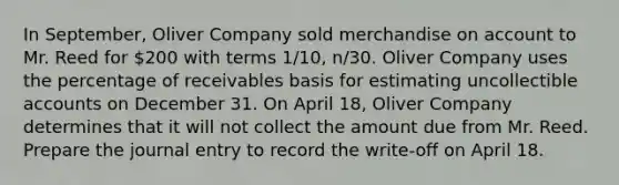 In September, Oliver Company sold merchandise on account to Mr. Reed for 200 with terms 1/10, n/30. Oliver Company uses the percentage of receivables basis for estimating uncollectible accounts on December 31. On April 18, Oliver Company determines that it will not collect the amount due from Mr. Reed. Prepare the journal entry to record the write-off on April 18.