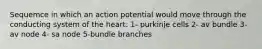 Sequemce in which an action potential would move through the conducting system of the heart: 1- purkinje cells 2- av bundle 3- av node 4- sa node 5-bundle branches