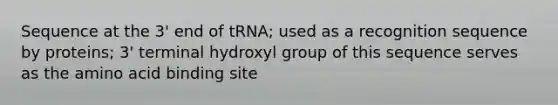 Sequence at the 3' end of tRNA; used as a recognition sequence by proteins; 3' terminal hydroxyl group of this sequence serves as the amino acid binding site