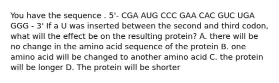 You have the sequence . 5'- CGA AUG CCC GAA CAC GUC UGA GGG - 3' If a U was inserted between the second and third codon, what will the effect be on the resulting protein? A. there will be no change in the amino acid sequence of the protein B. one amino acid will be changed to another amino acid C. the protein will be longer D. The protein will be shorter