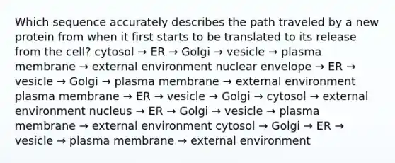 Which sequence accurately describes the path traveled by a new protein from when it first starts to be translated to its release from the cell? cytosol → ER → Golgi → vesicle → plasma membrane → external environment nuclear envelope → ER → vesicle → Golgi → plasma membrane → external environment plasma membrane → ER → vesicle → Golgi → cytosol → external environment nucleus → ER → Golgi → vesicle → plasma membrane → external environment cytosol → Golgi → ER → vesicle → plasma membrane → external environment