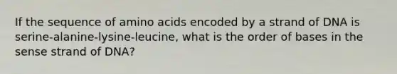 If the sequence of amino acids encoded by a strand of DNA is serine-alanine-lysine-leucine, what is the order of bases in the sense strand of DNA?