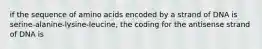 if the sequence of amino acids encoded by a strand of DNA is serine-alanine-lysine-leucine, the coding for the antisense strand of DNA is