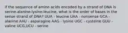 if the sequence of amino acids encoded by a strand of DNA is serine-alanine-lysine-leucine, what is the order of bases in the sense strand of DNA? UUA - leucine UAA - nonsense GCA - alanine AAU - asparagine AAG - lysine UGC - cysteine GUU - valine UCG,UCU - serine