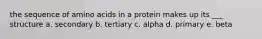 the sequence of amino acids in a protein makes up its ___ structure a. secondary b. tertiary c. alpha d. primary e. beta