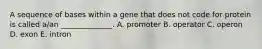 A sequence of bases within a gene that does not code for protein is called a/an ______________. A. promoter B. operator C. operon D. exon E. intron