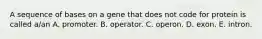 A sequence of bases on a gene that does not code for protein is called a/an A. promoter. B. operator. C. operon. D. exon. E. intron.