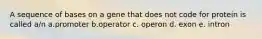 A sequence of bases on a gene that does not code for protein is called a/n a.promoter b.operator c. operon d. exon e. intron