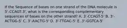 If the Sequence of bases on one strand of the DNA molecule is 5'-CCAGT-3', what is the corresponding complementary sequences of bases on the other strand? A. 3'-CCAGT-5' B. 3'-ACTGG-5' C. 3'-AACTG-5' D. 3'-TTGAC-5' E. 3'-GGTCA-5'