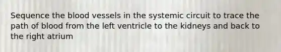 Sequence <a href='https://www.questionai.com/knowledge/k7oXMfj7lk-the-blood' class='anchor-knowledge'>the blood</a> vessels in the systemic circuit to trace the path of blood from the left ventricle to the kidneys and back to the right atrium