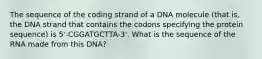 The sequence of the coding strand of a DNA molecule (that is, the DNA strand that contains the codons specifying the protein sequence) is 5'-CGGATGCTTA-3'. What is the sequence of the RNA made from this DNA?