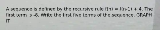 A sequence is defined by the recursive rule f(n) = f(n-1) + 4. The first term is -8. Write the first five terms of the sequence. GRAPH IT