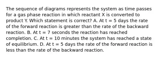 The sequence of diagrams represents the system as time passes for a gas phase reaction in which reactant X is converted to product Y. Which statement is correct? A. At t = 5 days the rate of the forward reaction is greater than the rate of the backward reaction. B. At t = 7 seconds the reaction has reached completion. C. At t = 10 minutes the system has reached a state of equilibrium. D. At t = 5 days the rate of the forward reaction is less than the rate of the backward reaction.