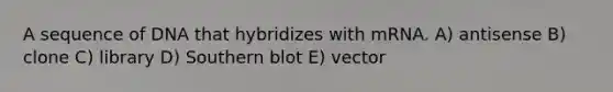 A sequence of DNA that hybridizes with mRNA. A) antisense B) clone C) library D) Southern blot E) vector