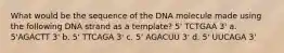 What would be the sequence of the DNA molecule made using the following DNA strand as a template? 5' TCTGAA 3' a. 5'AGACTT 3' b. 5' TTCAGA 3' c. 5' AGACUU 3' d. 5' UUCAGA 3'