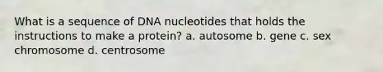 What is a sequence of DNA nucleotides that holds the instructions to make a protein? a. autosome b. gene c. sex chromosome d. centrosome