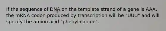 If the sequence of DNA on the template strand of a gene is AAA, the mRNA codon produced by transcription will be "UUU" and will specify the amino acid "phenylalanine".