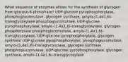 What sequence of enzymes allows for the synthesis of glycogen from glucose-6-phosphate? UDP-glucose pyrophosphorylase, phosphoglucomutase, glycogen synthase, amylo-(1,4α1,6)-transglycosylase phosphoglucomutase, UDP-glucose pyrophosphorylase, amylo-(1,4α1,6)-transglycosylase, glycogen phosphorylase phosphoglucomutase, amylo-(1,4α1,6)-transglycosylase, UDP-glucose pyrophosphorylase, glycogen synthase UDP-glucose pyrophosphorylase, phosphoglucomutase, amylo-(1,4α1,6)-transglycosylase, glycogen synthase phosphoglucomutase, UDP-glucose pyrophosphorylase, glycogen synthase, amylo-(1,4α1,6)-transglycosylase