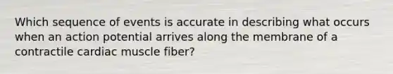 Which sequence of events is accurate in describing what occurs when an action potential arrives along the membrane of a contractile cardiac muscle fiber?