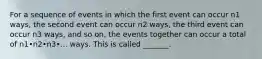 For a sequence of events in which the first event can occur n1 ​ways, the second event can occur n2 ​ways, the third event can occur n3 ​ways, and so​ on, the events together can occur a total of n1•n2•n3•... ways. This is called​ _______.