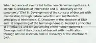 What sequence of events led to the neo-Darwinian synthesis: A. Mendel's principles of inheritance and (ii) discovery of the structure of DNA B. Development of the concept of descent with modification through natural selection and (ii) Mendel's principles of inheritance. C. Discovery of the structure of DNA and (ii) sequencing of the human genome D. Mendel's principles of inheritance and (ii) sequencing of the human genome E. Development of the concept of descent with modification through natural selection and (ii) discovery of the structure of DNA