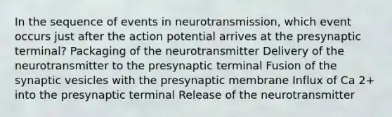 In the sequence of events in neurotransmission, which event occurs just after the action potential arrives at the presynaptic terminal? Packaging of the neurotransmitter Delivery of the neurotransmitter to the presynaptic terminal Fusion of the synaptic vesicles with the presynaptic membrane Influx of Ca 2+ into the presynaptic terminal Release of the neurotransmitter