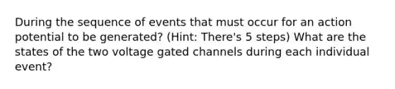 During the sequence of events that must occur for an action potential to be generated? (Hint: There's 5 steps) What are the states of the two voltage gated channels during each individual event?