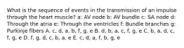 What is the sequence of events in the transmission of an impulse through the heart muscle? a: AV node b: AV bundle c: SA node d: Through the atria e: Through the ventricles f: Bundle branches g: Purkinje fibers A. c, d, a, b, f, g, e B. d, b, a, c, f, g, e C. b, a, d, c, f, g, e D. f, g, d, c, b, a, e E. c, d, a, f, b, g, e